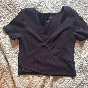 American Eagle Outfitters Women's Dark Short Sleeve Wrap Top